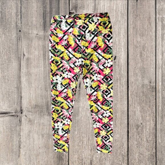 LuLaRoe Leggings Women OS Black White Pink Yellow Floral Poppies Trellis Lattice - Picture 3 of 10
